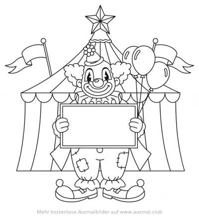 Clown mit Schild vor Zirkuszelt Ausmalbild