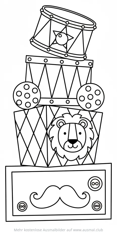 Zirkus Kisten Ausmalbild mit Schlagzeug, Löwe und Schnurrbart