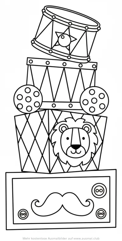 Zirkus Kisten Ausmalbild mit Schlagzeug, Löwe und Schnurrbart