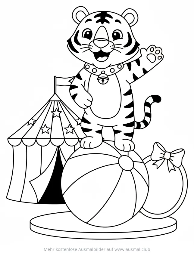 Zirkustiger balanciert auf Kugel vor Zirkuszelt Ausmalbild