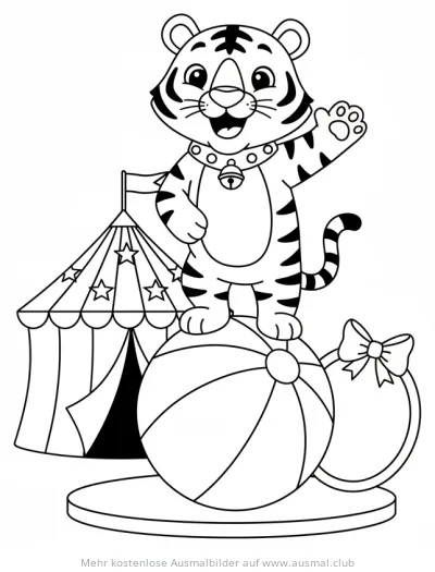 Zirkustiger balanciert auf Kugel vor Zirkuszelt Ausmalbild