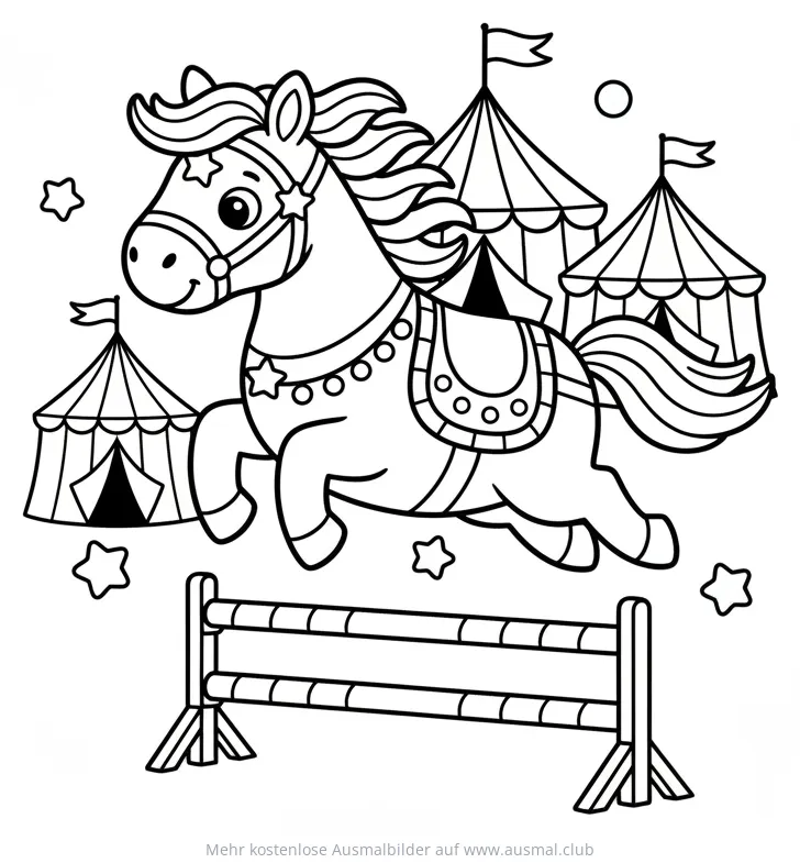 Springendes Zirkuspferd Ausmalbild vor Zirkuszelten