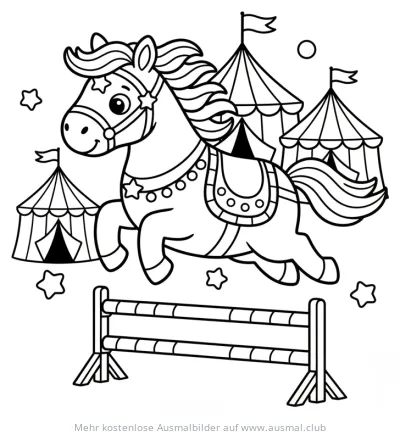 Springendes Zirkuspferd Ausmalbild vor Zirkuszelten