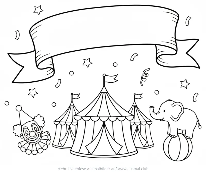 Zirkus Szene mit Clown, Zelten und Elefant auf Kugel Ausmalbild
