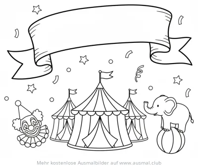 Zirkus Szene mit Clown, Zelten und Elefant auf Kugel Ausmalbild