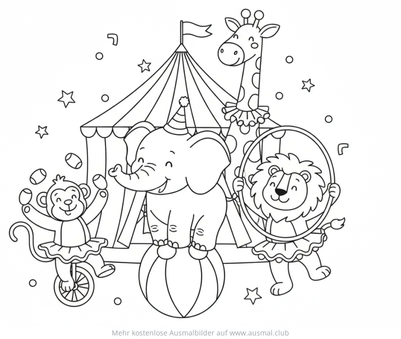 Zirkus Ausmalbild mit Elefant, Löwe, Affe und Giraffe