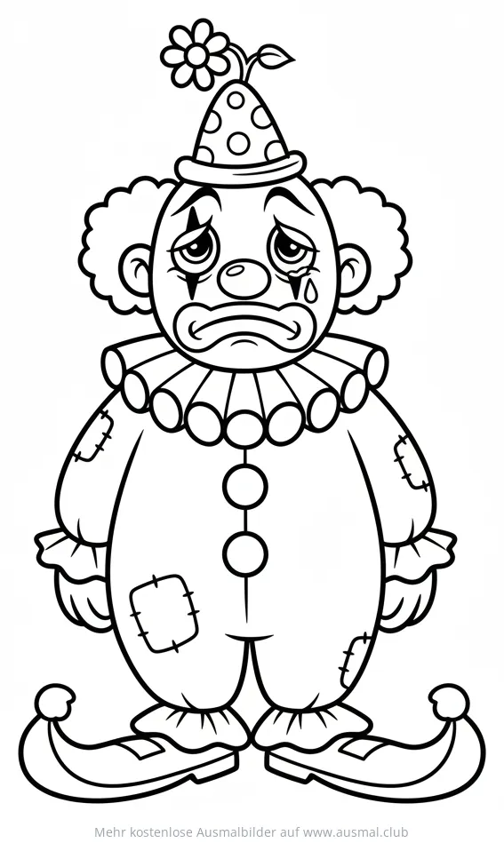 Trauriger Clown mit Blume auf dem Hut Ausmalbild