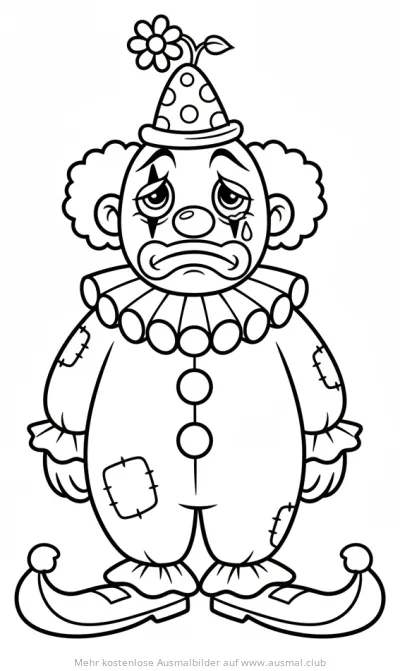 Trauriger Clown mit Blume auf dem Hut Ausmalbild