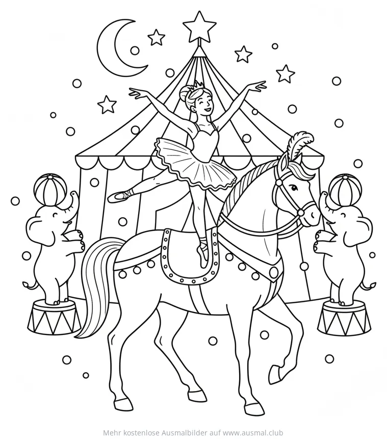 Zirkus Ballerina auf Pferd mit Elefanten Ausmalbild