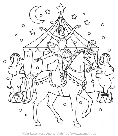 Zirkus Ballerina auf Pferd mit Elefanten Ausmalbild