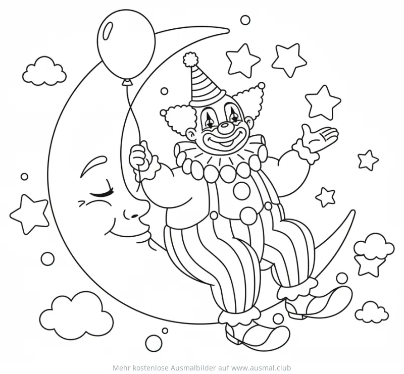Clown sitzt auf Mond mit Ballon Ausmalbild