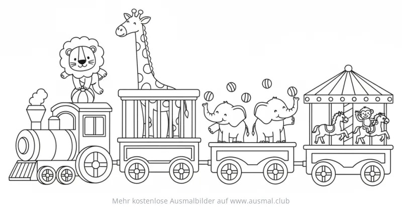 Zirkuszug mit Löwe, Giraffe, Elefanten und Karussell Ausmalbild