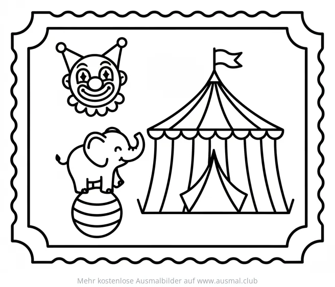 Zirkus Eintrittskarte Ausmalbild mit Zirkuszelt, Clown und Elefant