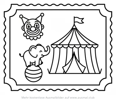 Zirkus Eintrittskarte Ausmalbild mit Zirkuszelt, Clown und Elefant