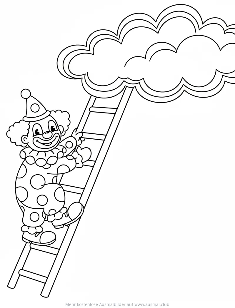 Clown klettert auf einer Leiter zu einer Wolke Ausmalbild