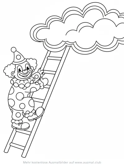 Clown klettert auf einer Leiter zu einer Wolke Ausmalbild