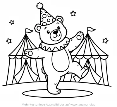 Tanzender Bär mit Narrenkappe vor Zirkuszelten Ausmalbild