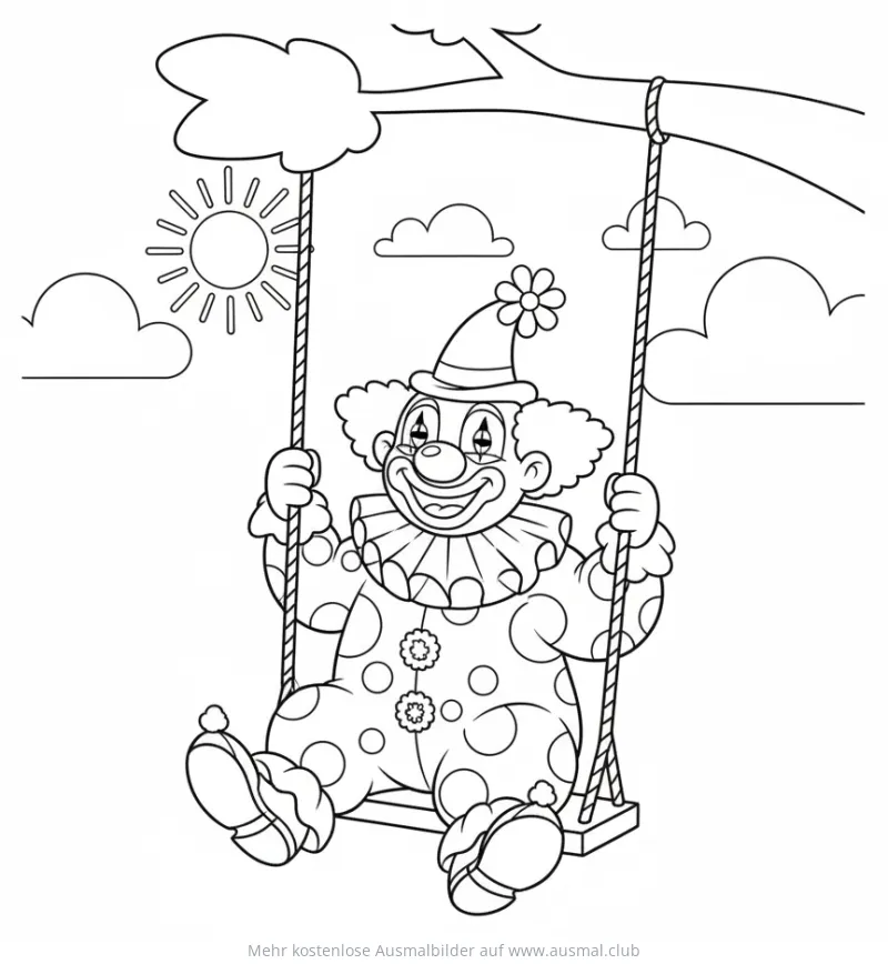 Clown mit Blume auf dem Hut schaukelt unter der Sonne Ausmalbild