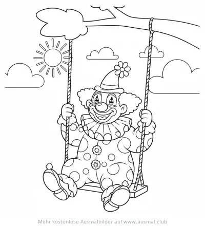 Clown mit Blume auf dem Hut schaukelt unter der Sonne Ausmalbild