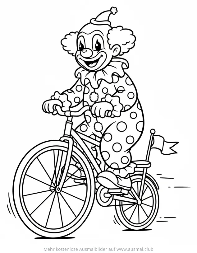 Clown mit gepunktetem Kostüm fährt Fahrrad Ausmalbild