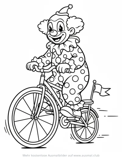 Clown mit gepunktetem Kostüm fährt Fahrrad Ausmalbild