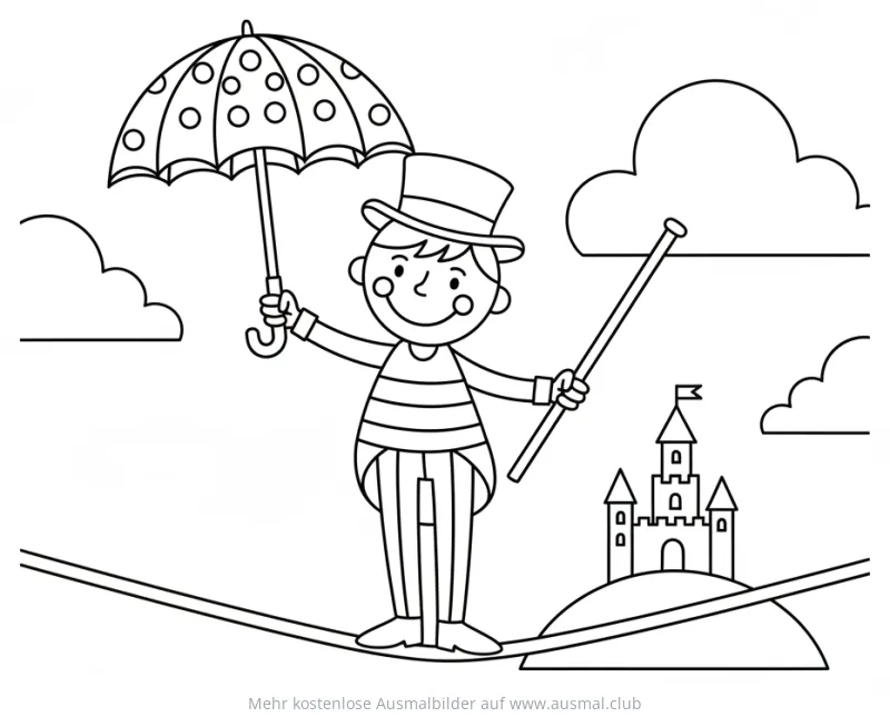 Seiltänzer mit Regenschirm und Zylinder auf dem Seil Ausmalbild