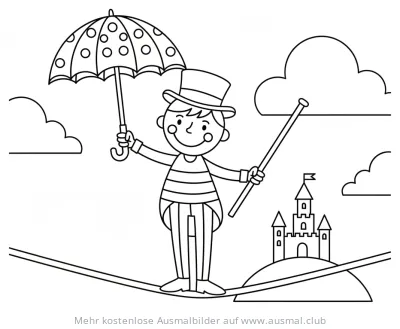Seiltänzer mit Regenschirm und Zylinder auf dem Seil Ausmalbild