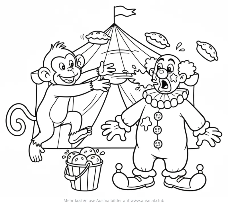 Affe bewirft Clown mit Kuchen Ausmalbild