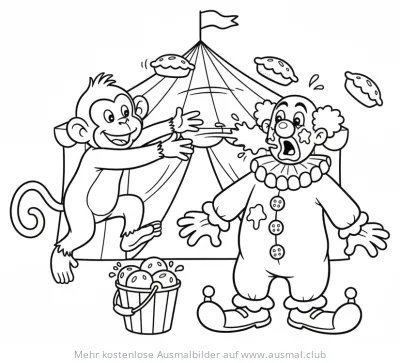 Affe bewirft Clown mit Kuchen Ausmalbild