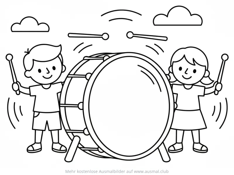 Junge und Mädchen mit großer Trommel Ausmalbild