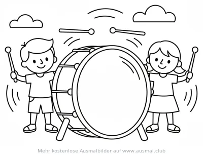 Junge und Mädchen mit großer Trommel Ausmalbild