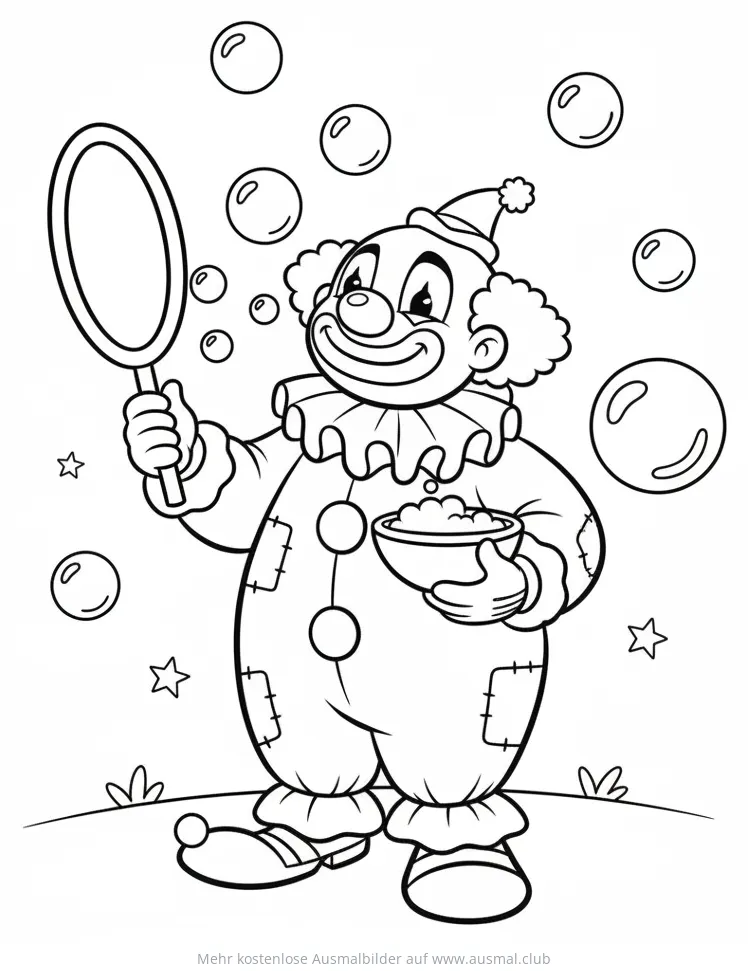 Clown mit Seifenblasen Ausmalbild