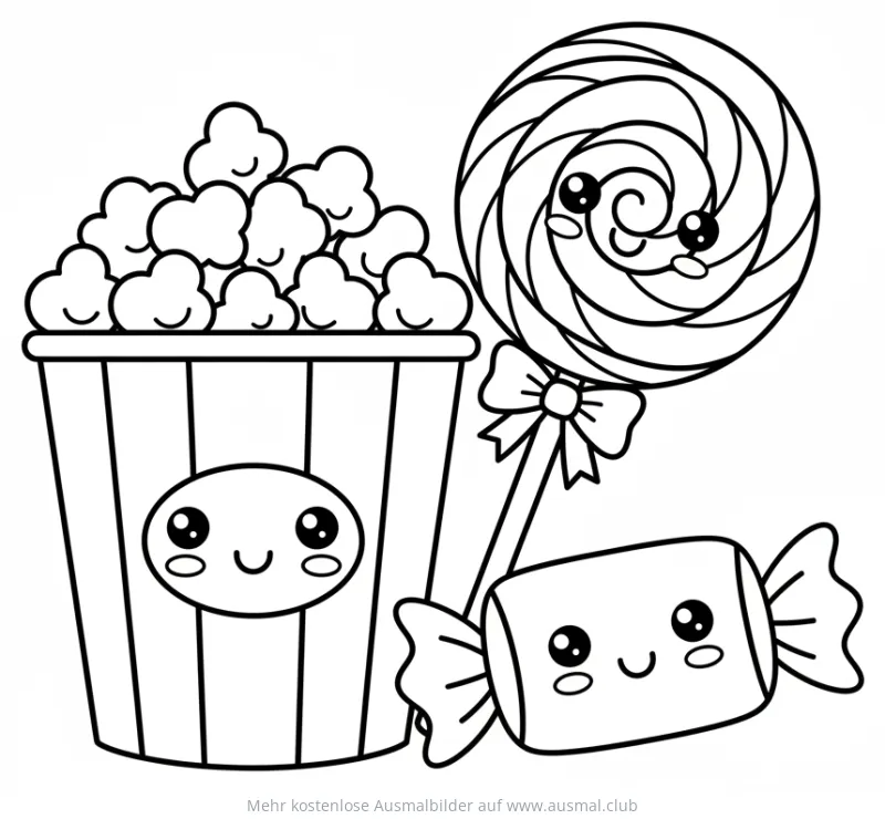 Süßigkeiten (Popcorn, Lolli, Bonbon) Ausmalbild mit Kawaii-Gesichtern