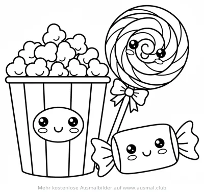 Süßigkeiten (Popcorn, Lolli, Bonbon) Ausmalbild mit Kawaii-Gesichtern