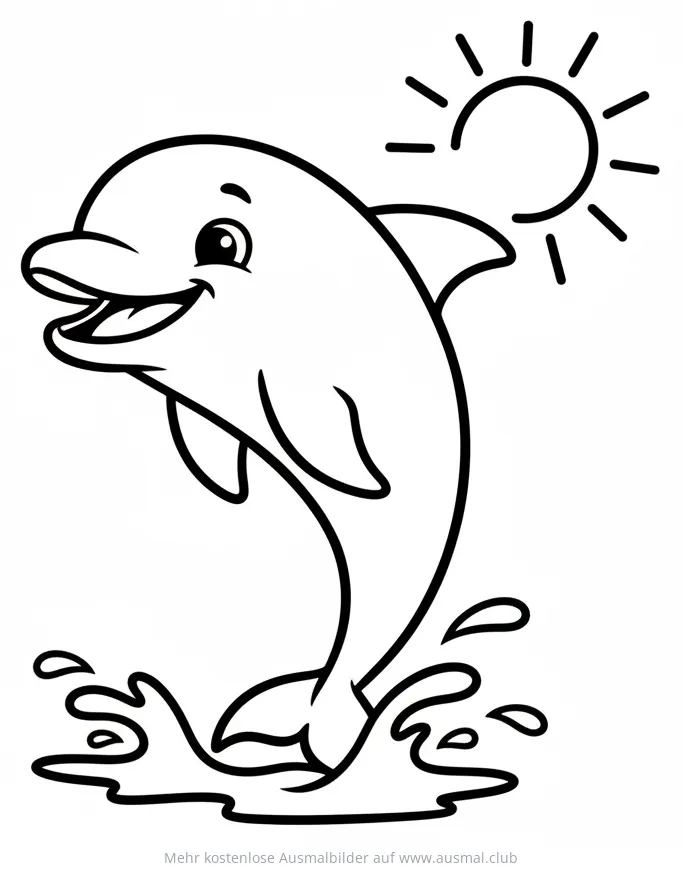 Springender Delfin mit Sonne im Hintergrund Ausmalbild