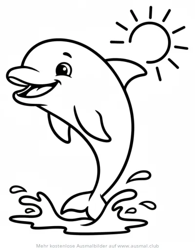 Springender Delfin mit Sonne im Hintergrund Ausmalbild