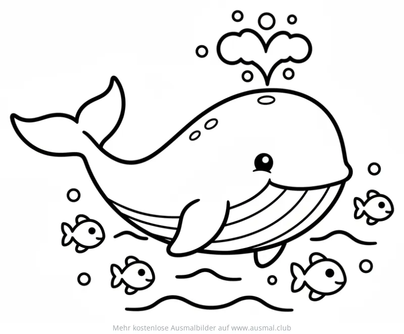 Freundlicher Wal schwimmt mit Fischen Ausmalbild