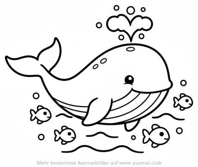 Freundlicher Wal schwimmt mit Fischen Ausmalbild