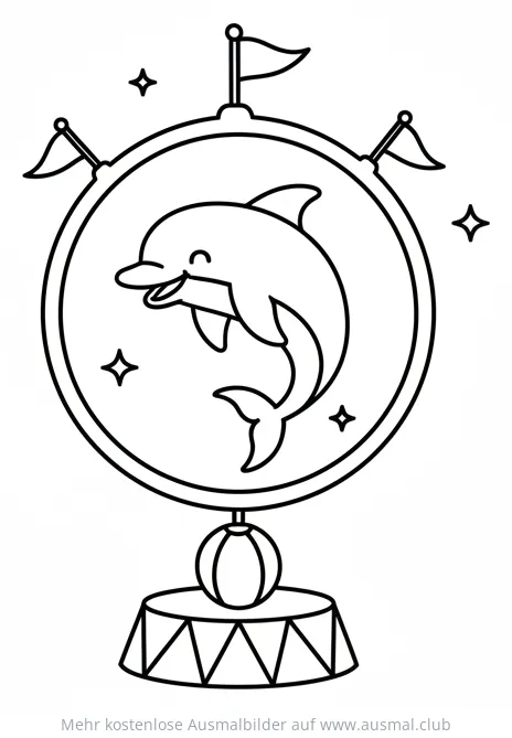 Delfin springt durch Reifen auf Zirkus-Kugel Ausmalbild