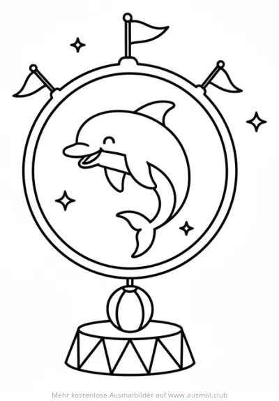 Delfin springt durch Reifen auf Zirkus-Kugel Ausmalbild