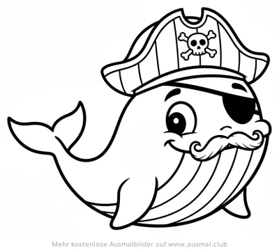 Wal als Pirat mit Augenklappe und Schnurrbart Ausmalbild