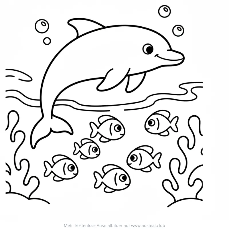 Freundlicher Delfin schwimmt mit Fischen Ausmalbild