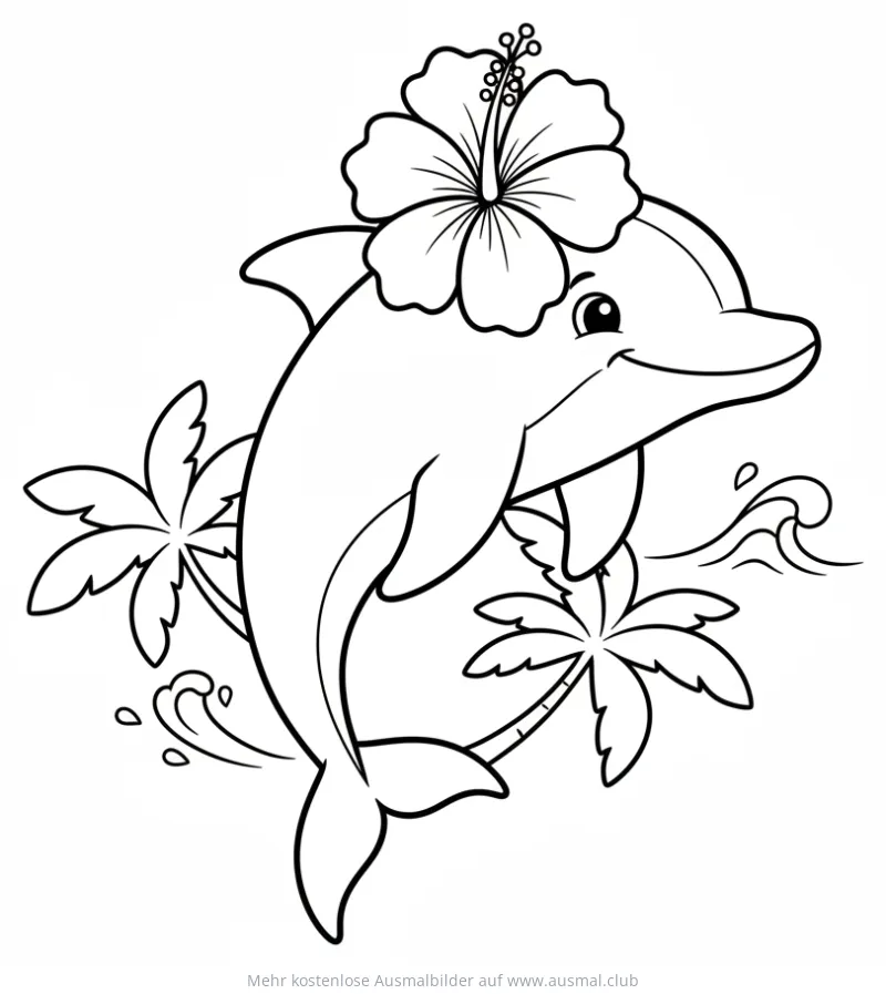 Delfin mit Hibiskusblüte und Palmen Ausmalbild