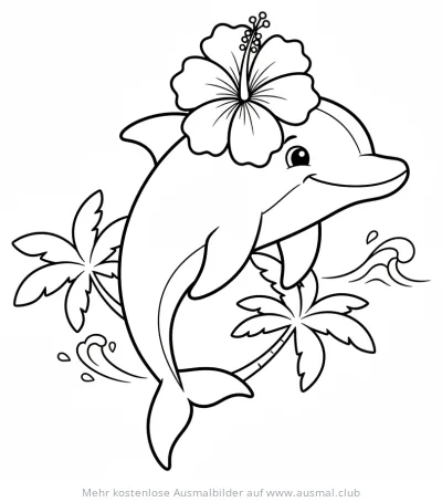 Delfin mit Hibiskusblüte und Palmen Ausmalbild