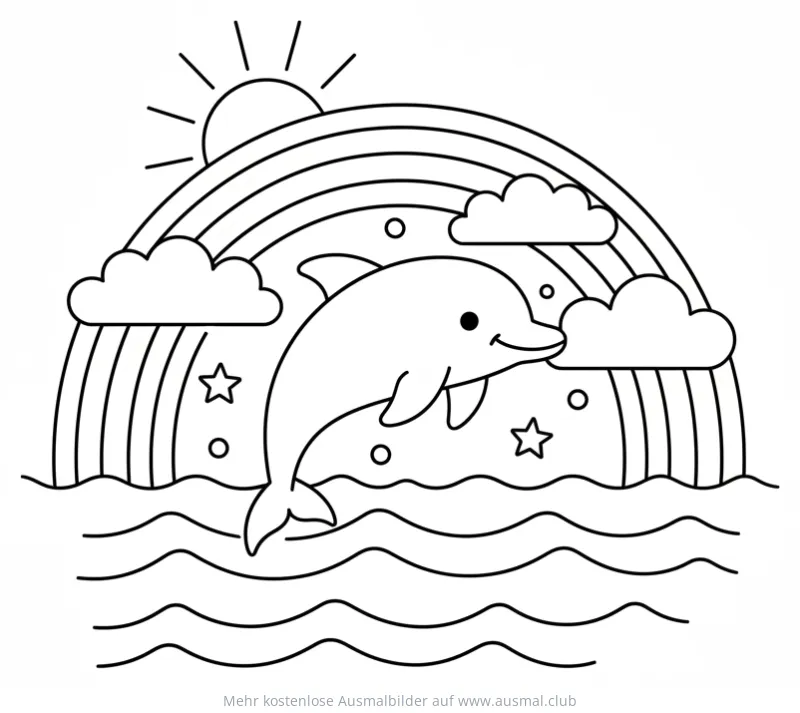 Delfin springt vor Regenbogen Ausmalbild