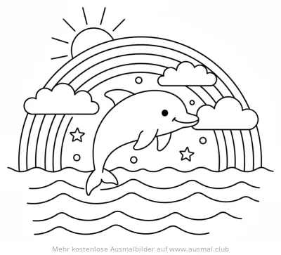 Delfin springt vor Regenbogen Ausmalbild