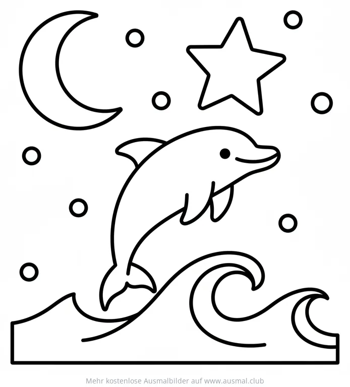 Delfin springt über Wellen, mit Mond und Stern Ausmalbild