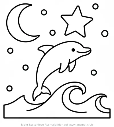 Delfin springt über Wellen, mit Mond und Stern Ausmalbild