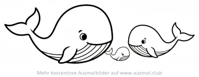 Wal Familie Ausmalbild: großer Wal, mittelgroßer Wal, kleiner Wal
