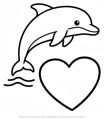 Delfin springt neben einem Herz Ausmalbild